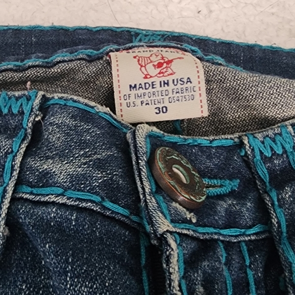 True Religion low rise boot cut jeans with turquoise stitching, distressed style - Picture 3 of 6
